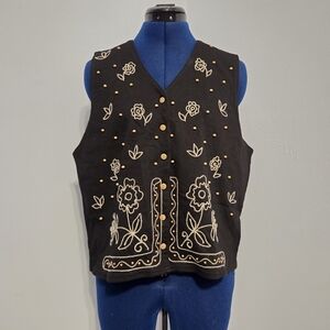 Vintage Black Knit Embroidered Beaded Vest Size M